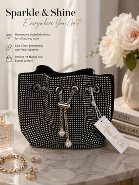 Anna & Elle Rhinestone Bucket Bag NWT Black Crystal Evening Purse Pearl Detail